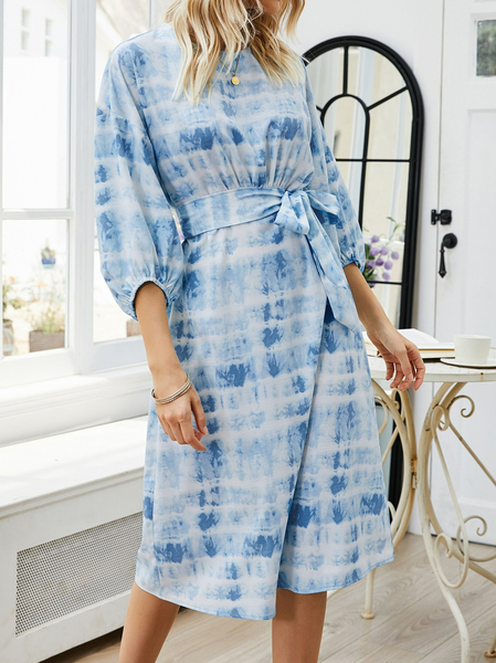 

Abito Stampato Casuale Girocollo 3/4 Manica, Azzurro, Dresses