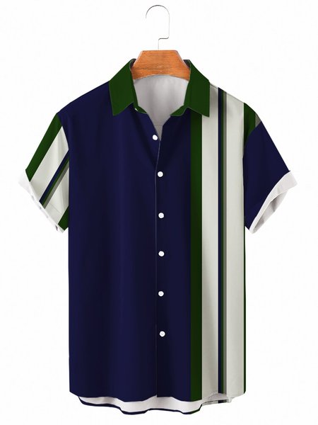 

Mens Striped Print Casual Lapel Short Sleeve Hawaiian Shirts, Navy blue, Men's Floral shirt