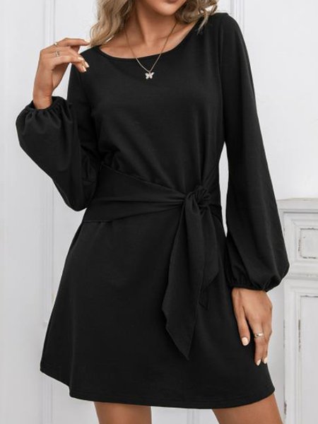 Solid Cotton-Blend Long Sleeve Dresses, Black, Casual Dresses