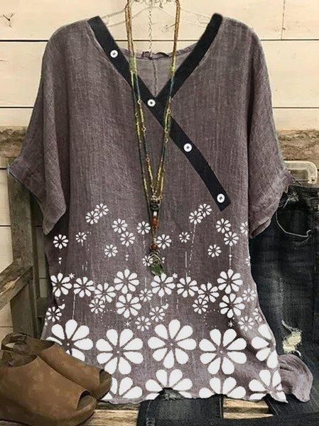 

Casual floral print V-neck women Shirts & Tops, Gray, Long sleeve tops
