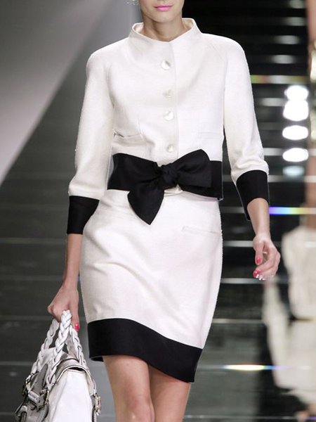 

Solid Turtleneck Work Suit, White-black, Mini Dresses