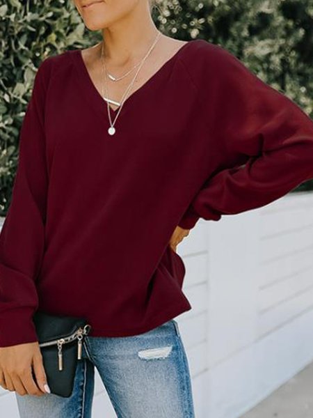 

V-neck lace up long sleeve solid sweater, Wine red, Sweaters