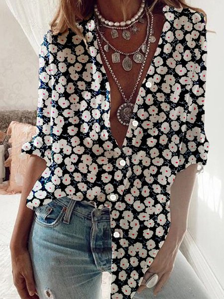 

Scollo a V Maniche Lunghe Floreale Cotone Top, Blu marino, Blouses & Shirts