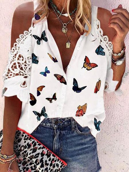 

Bianco Farfalla Stampato Scollo a V 3/4 Manica Dritto Casuale Camicie & Top, Blouses & Shirts