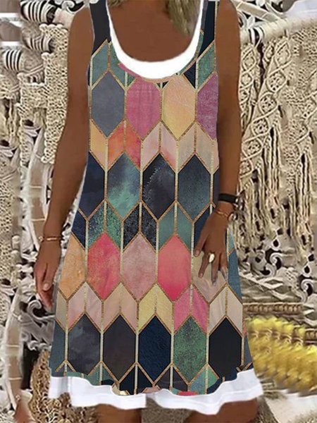 

Bohemian Girocollo Misto Cotone Senza Maniche Abito, Multicolore, Summer dresses