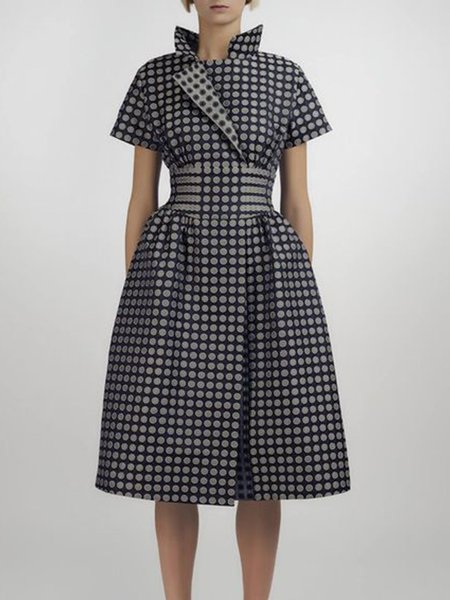 Short Sleeve Stand Collar Polka Dots Midi Dress, As picture, Midi Dresses