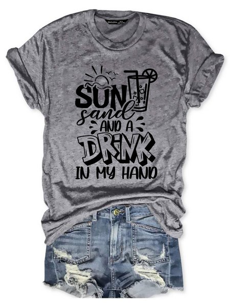 

Sun Sand And A Drink In My Hand Graphic Loose Tee, Light gray, T-shirts