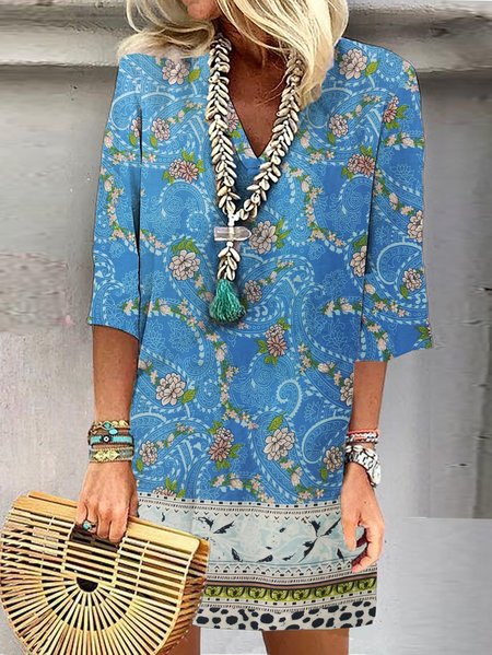 

3/4 Sleeve Paisley Casual Weaving Dress, Blue, Dresses