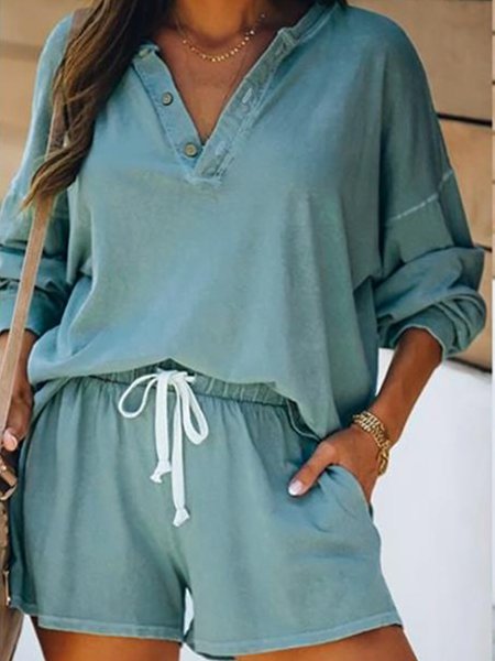 

Sports V Neck Buttoned Suits, Blue, Suit Set