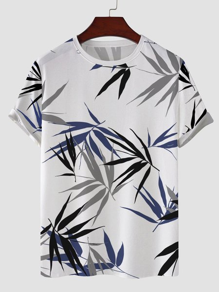 

Bamboo Printed Casual Crew Neck T-Shirts, White, Men's Floral shirt