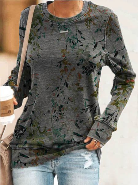 

Casual Crew Neck Cotton-Blend Leaves Shirts & Tops, Gray, Long sleeve tops