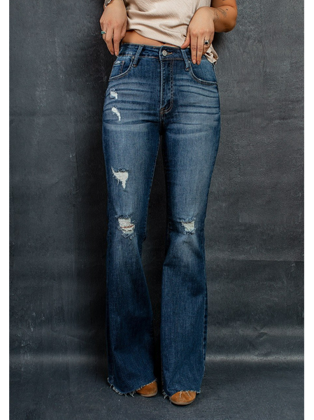 

Tinta Unita Denim Strappato a caso Pantaloni, Blu intenso, Jeans