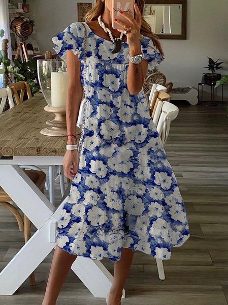 

Abito Maniche Corte A-line Vacanza, Blu, Midi Dresses