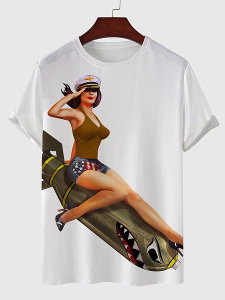 

Crew Neck Cartoon Printed Shirts & Tops, White, Men's t-shirts