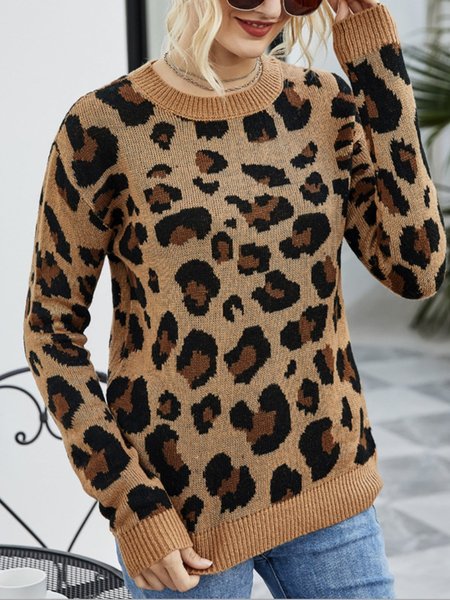 

Leopardo Maniche Lunghe Acrilico Girocollo Maglione, Marrone, Sweater