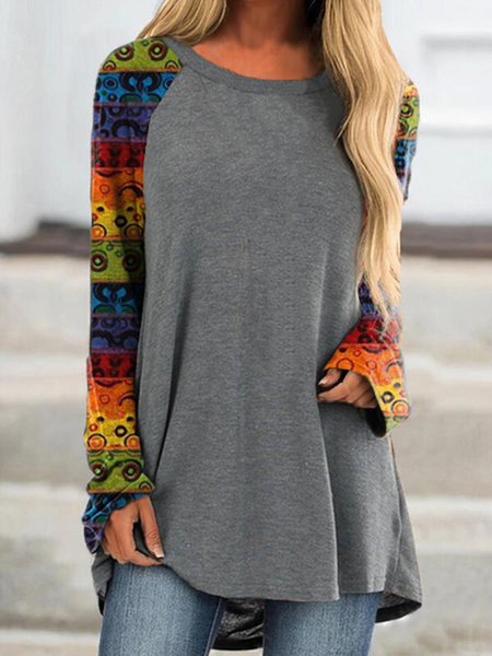 

Geometric Tribal Printed Vintage Cotton-Blend Crew Neck Long Sleeve Shirts & Tops, Gray, Long sleeve tops