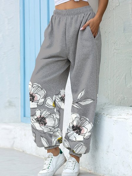 

Casual and simple floral printed polyester cotton sweatpants, Gray, Pants