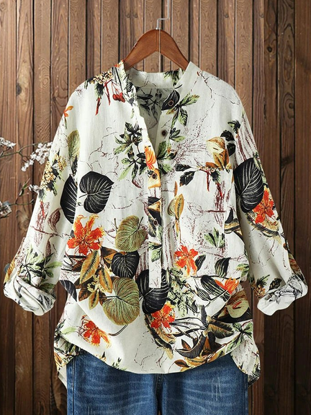 

Leaves Floral Print Button Pocket Front Long Sleeve Vintage Shirt, As picture, Blouses & Shirts