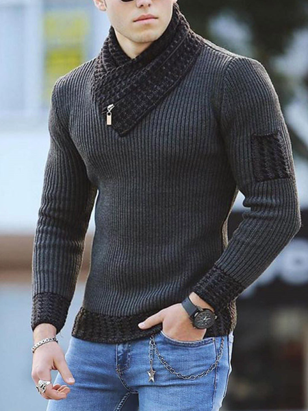 Casual V Neck Color-Block Sweater, Deep gray, Sweater