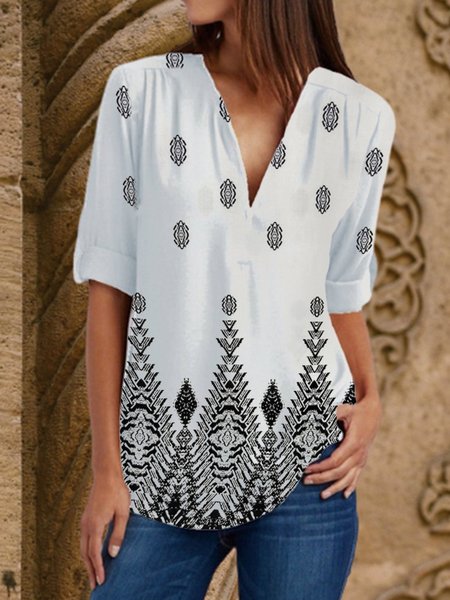 

V Neck Simple Long Sleeve Tops, White, Tops