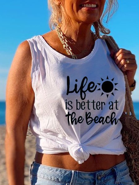 

LIFE IS BETTER AT THE BEACH Sleeveless Cotton-Blend Tanks & Camis, White, Tank Tops
