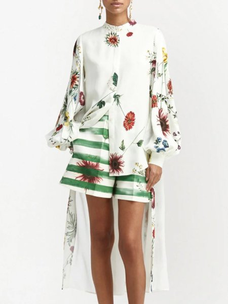 

Stand Collar Shift Long Sleeve Floral Lady Shirt, White, Mini Dresses