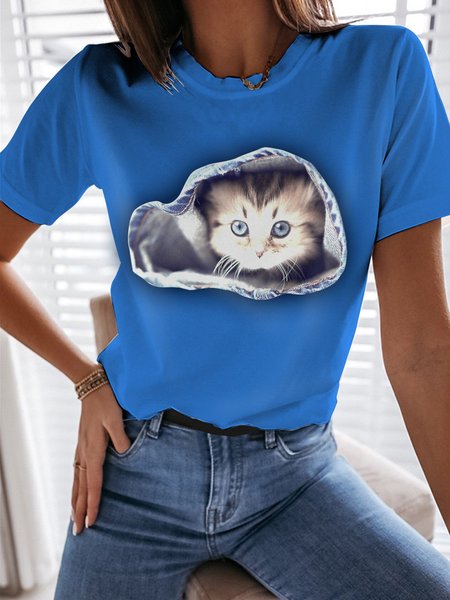 

3D Cat T Shirt Graphic Tee Women Cute T-Shirt, Blue, T-shirts