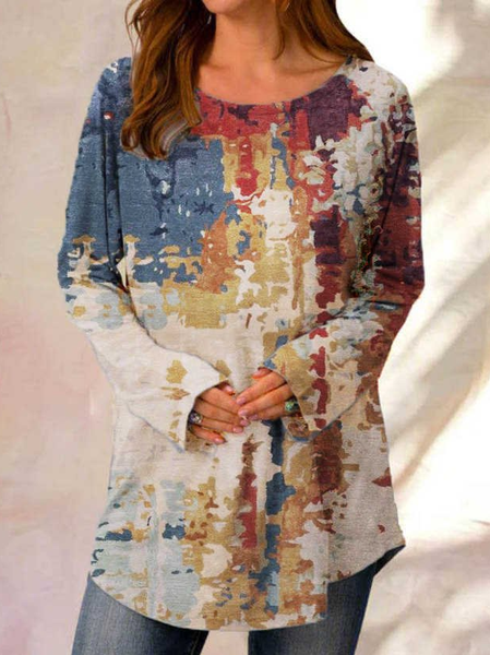 

Fashion Watercolor Print Round Neck Long Sleeve Loose T-Shirt, Multicolor, Long sleeve tops