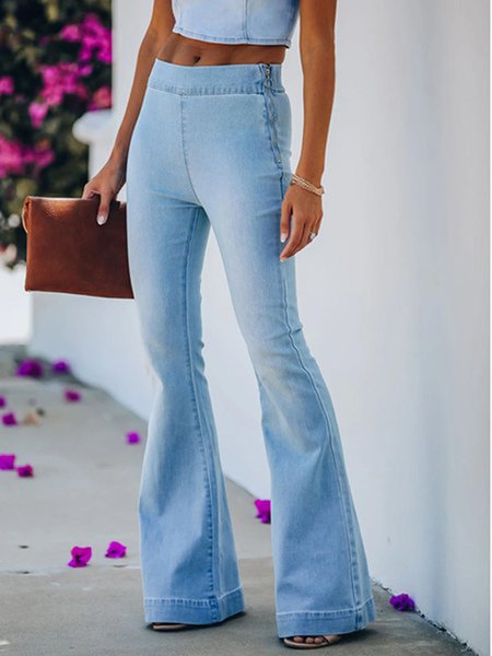 Casual Denim Bell-bottoms Solid Pants, Light blue, Pants