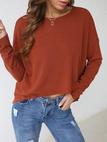 

Plain Simple Cotton Crew Neck Shirts & Tops, Brown, Long sleeve tops