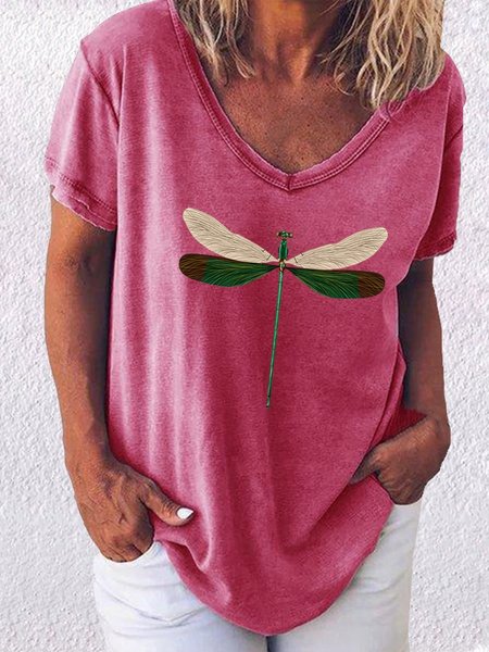 

Vintage Dragonfly Printed V Neck Short Sleeve Plus Size Casual Tops, Deep pink, T-Shirts