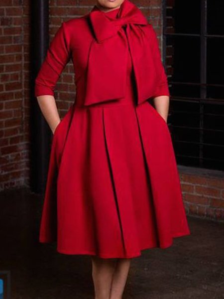 

Stand Collar 3/4 Sleeve Elegant A-Line Midi Dress, Red, Midi Dresses