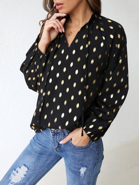 

Drawstring V Neck Casual Shirts & Tops, Black, Long sleeve tops