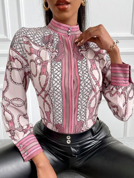 

Casual Long Sleeve Stand Collar Shirt, Pink, Blouses and Shirts