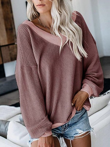 

V neck Casual Solid Sweater, Fuchsia, Knitwear & Sweaters