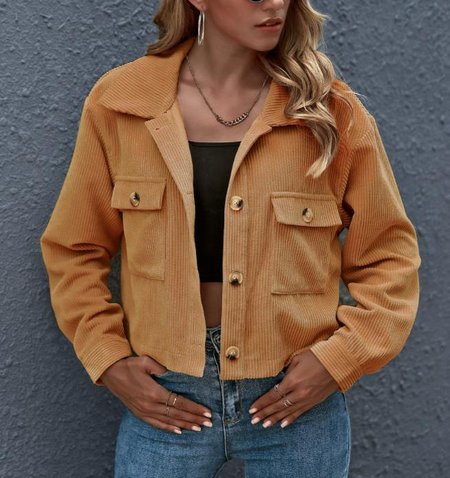 

Casual solid corduroy Long Sleeve Jacket, Deep khaki, Jackets