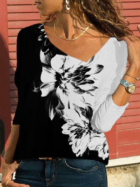 

Vintage Multicolore Stampata Floreale Scollo a V Maniche Lunghe taglia grande Casuale T-shirts, Nero-bianco, T-Shirts