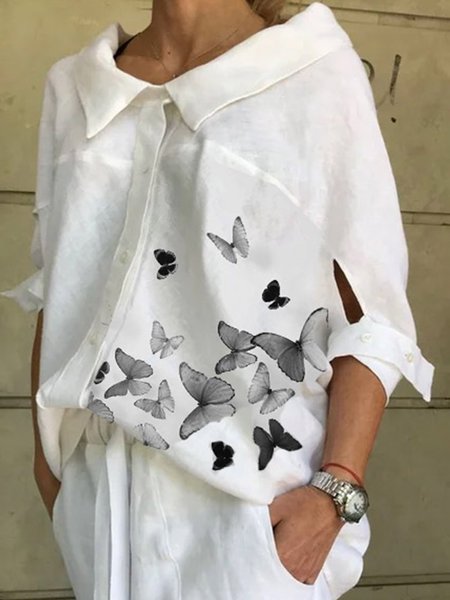 Animale 3/4 Manica Misto Cotone Casuale Top, Bianco, Blouses & Shirts