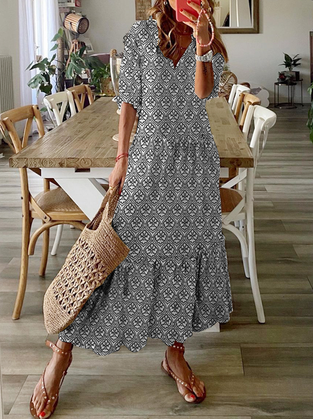 

Scollo a V Maniche Corte Gonna Casuale, Bianco-nero, Dresses