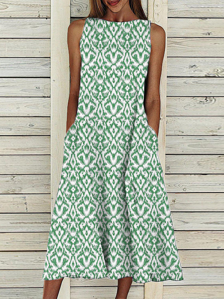 

Sleeveless A-Line Pockets Weaving Dress, Green, Midi Dresses