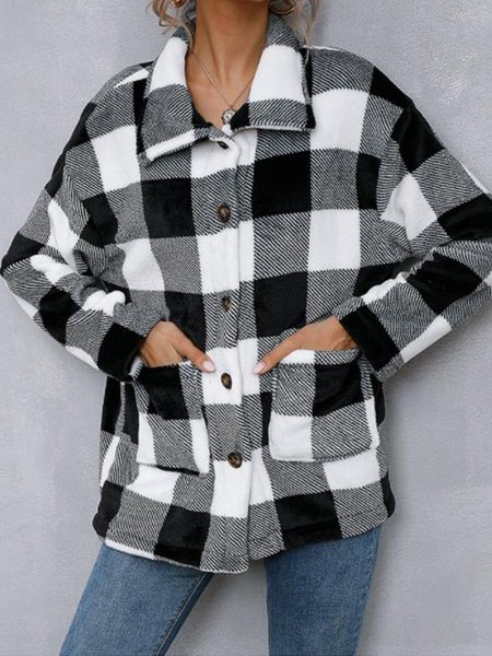 

Cotton blended Plaid long sleeve coat, Black-white, Coats