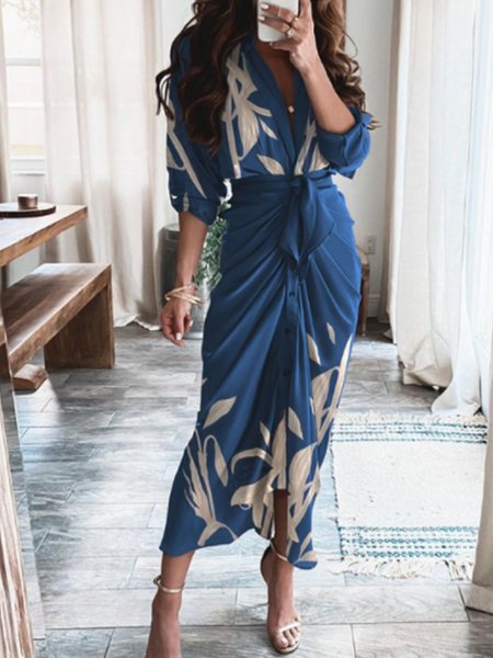 

Long Sleeve Printed Floral Elegant Dress, As picture, Midi Dresses