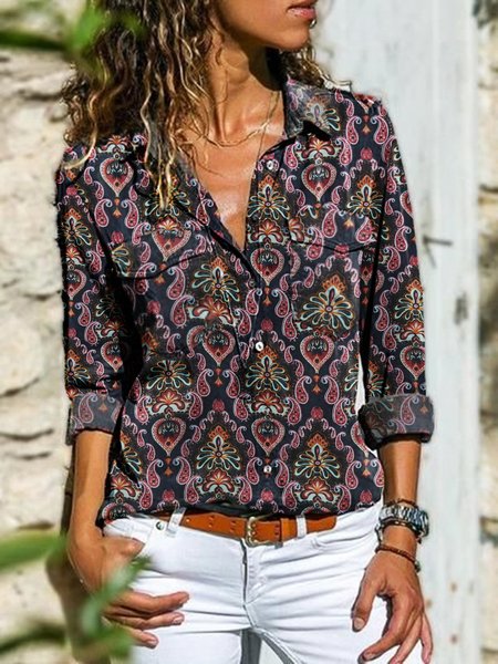Multicolor Casual Printed Shirt Collar Shift Long Sleeve Shirts & Tops, Blouses & Shirts