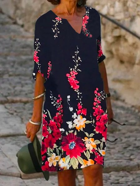 

Abito Bohemian Mezza Manica Misto Cotone, Navy blu, Dresses