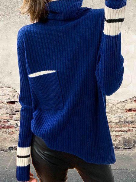 

Casual simple contrast color high-necked long-sleeved sheep fleece sweater, Blue, Sweaters & Cardigans