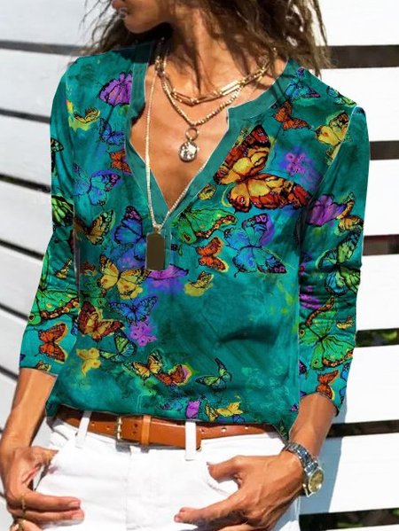 

V Neck Casual Shirts & Tops, Green, Long sleeve tops