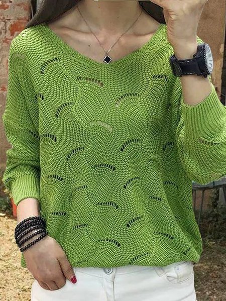 

Casual and simple V-neck hollow knitted thin sweater, Green, Sweaters