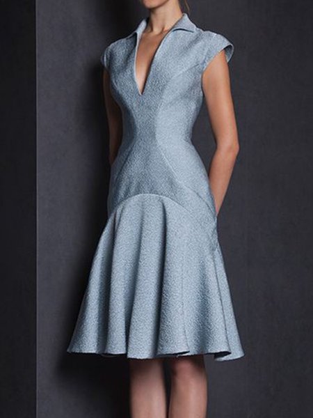 

Stand Collar Solid Sheath Midi Dress, Blue, Midi Dresses