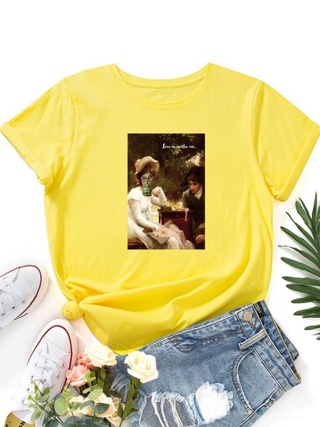 

Funny round neck print T-shirt, Yellow, T-shirts