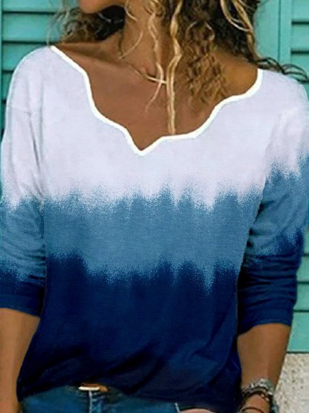 

Blu Scollo a V Ombre/Tintura a nodi Stampato Casuale Maniche Lunghe Dritto Top, T-Shirts